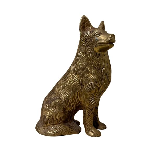 Vintage Solid Brass German Shepherd Statue Heavy Sitting Dog Figurine - Picture 1 of 5